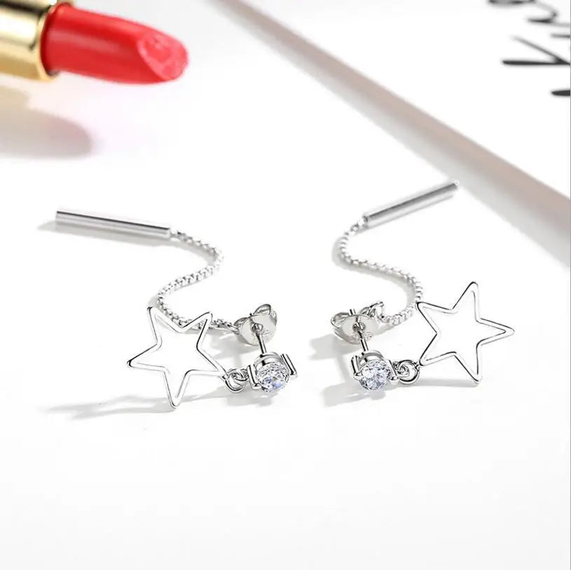 925 stamp silver color Earrings For Women Zirconia Star Long Tassel Earrings Ear Chain oorbellen boucles d'oreilles S-E444