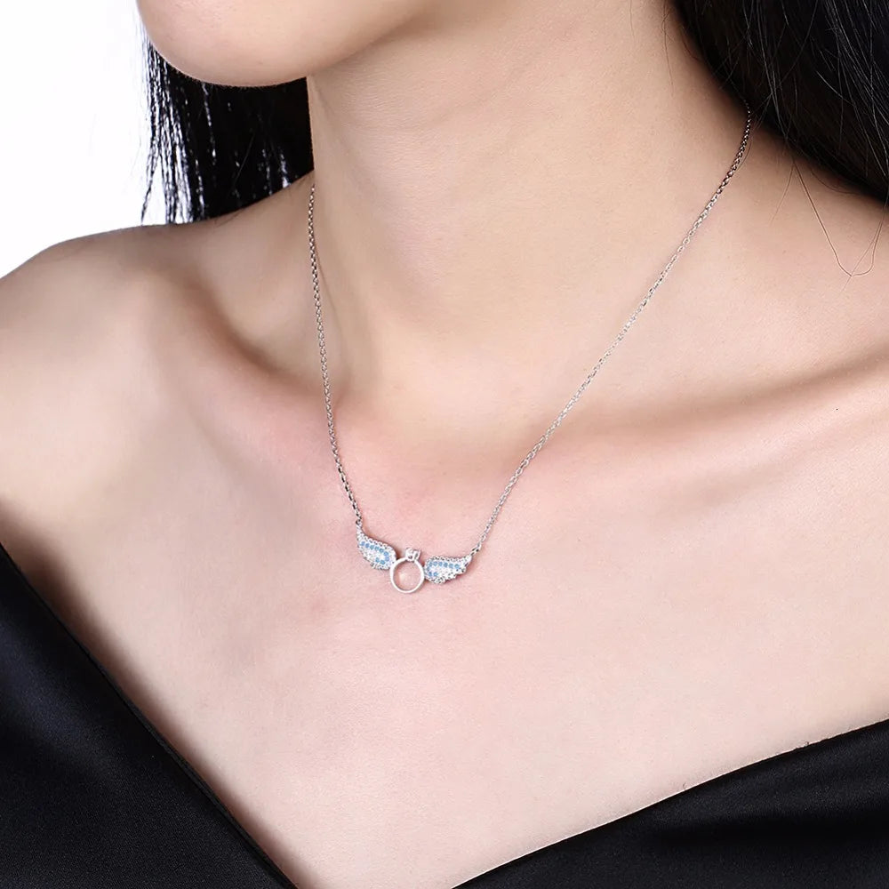 Lekani  New Drop Shipping 925 Sterling Silver Necklaces Zircon Angel Wings Necklaces Fine Jewelry Collar Colar De Plata