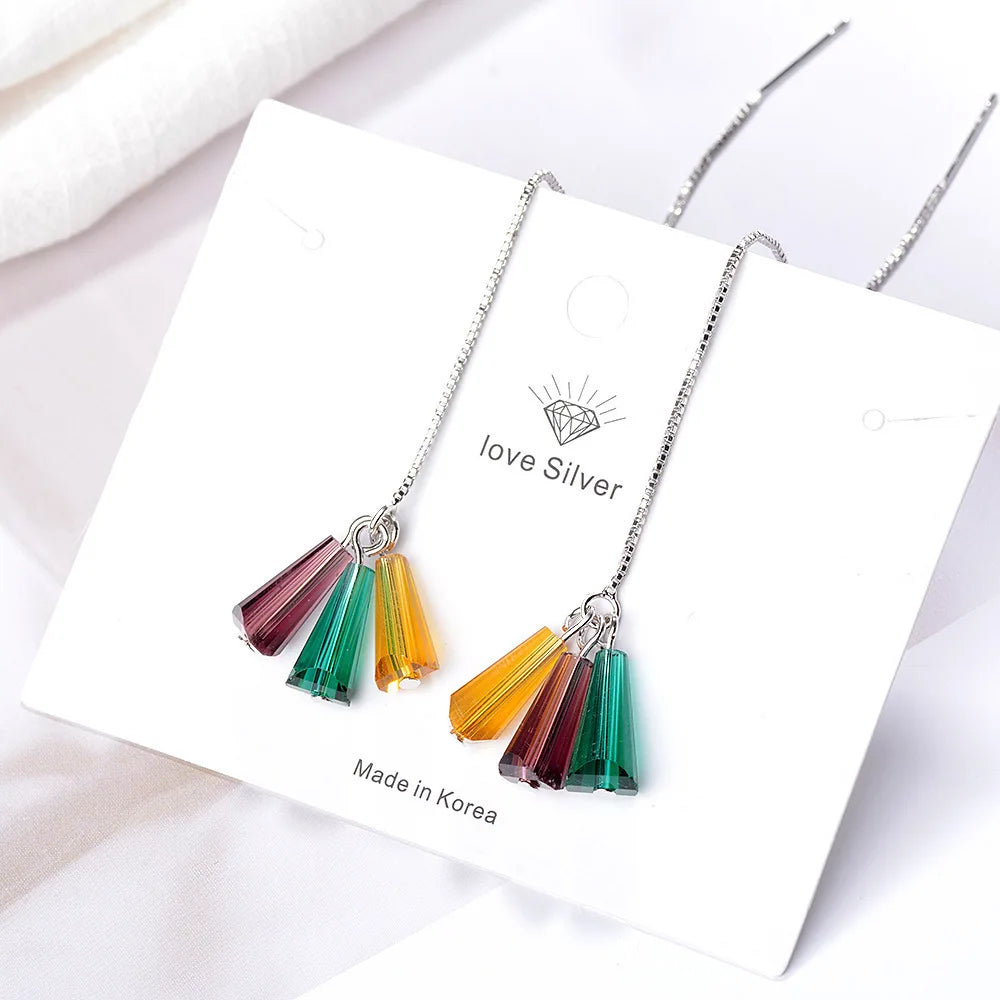 925 stamp silver color Fan-shaped Earrings Colorful Crystal Rainbow Tassel Earrings Ear Chain For Women Oorbellen