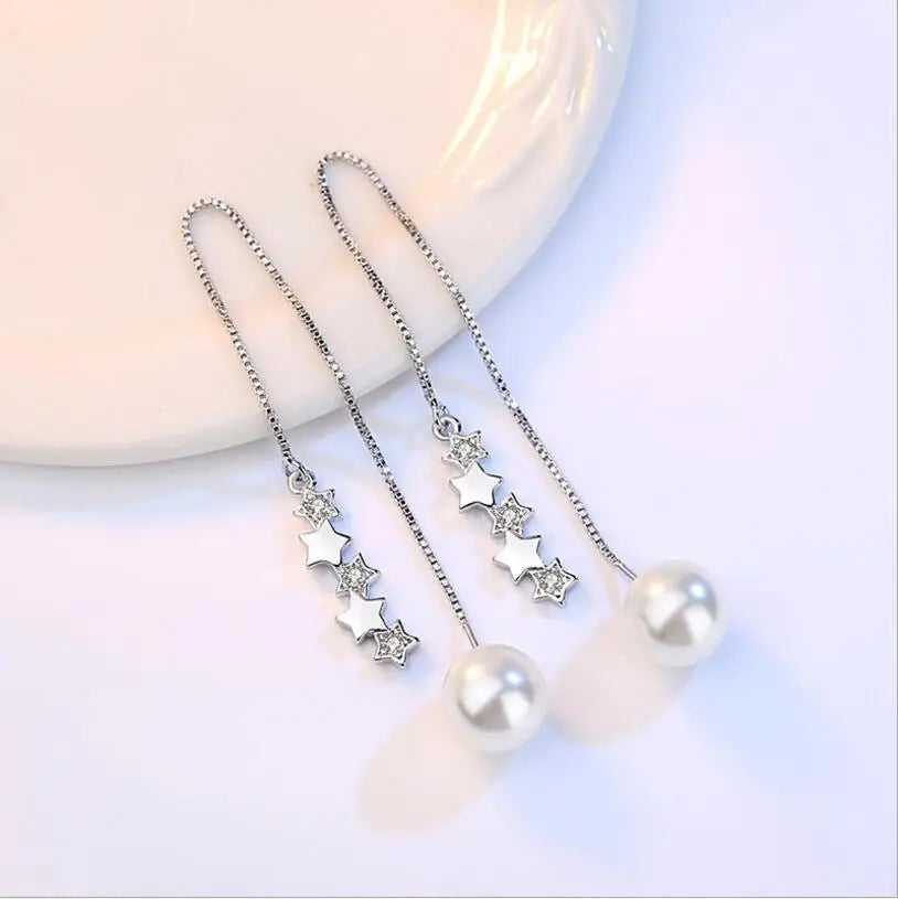 925 Sterling Silver Earrings 5 pcs Star Zirconia Simulated Pearl Long Tassel Earrings Ear Line pendientes brincos S-E270