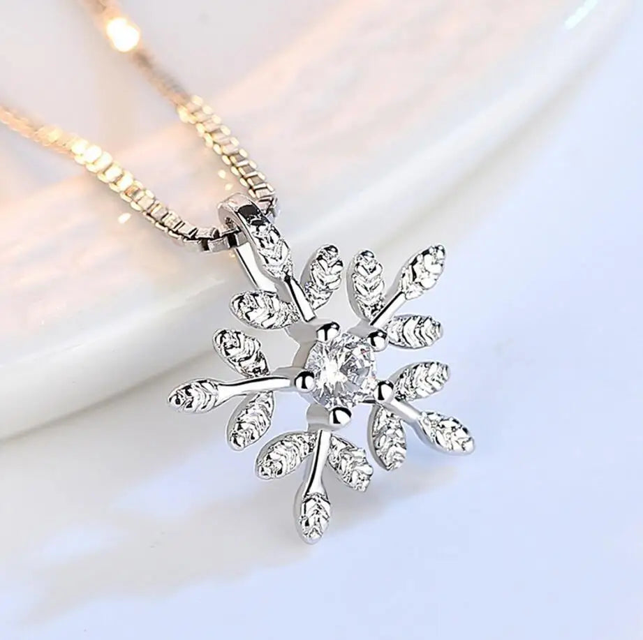 925 Sterling Silver Necklace CZ Zirconia Snowflake Pendant Neckace For Women Gift 45cm Chain choker collares kolye S-N142