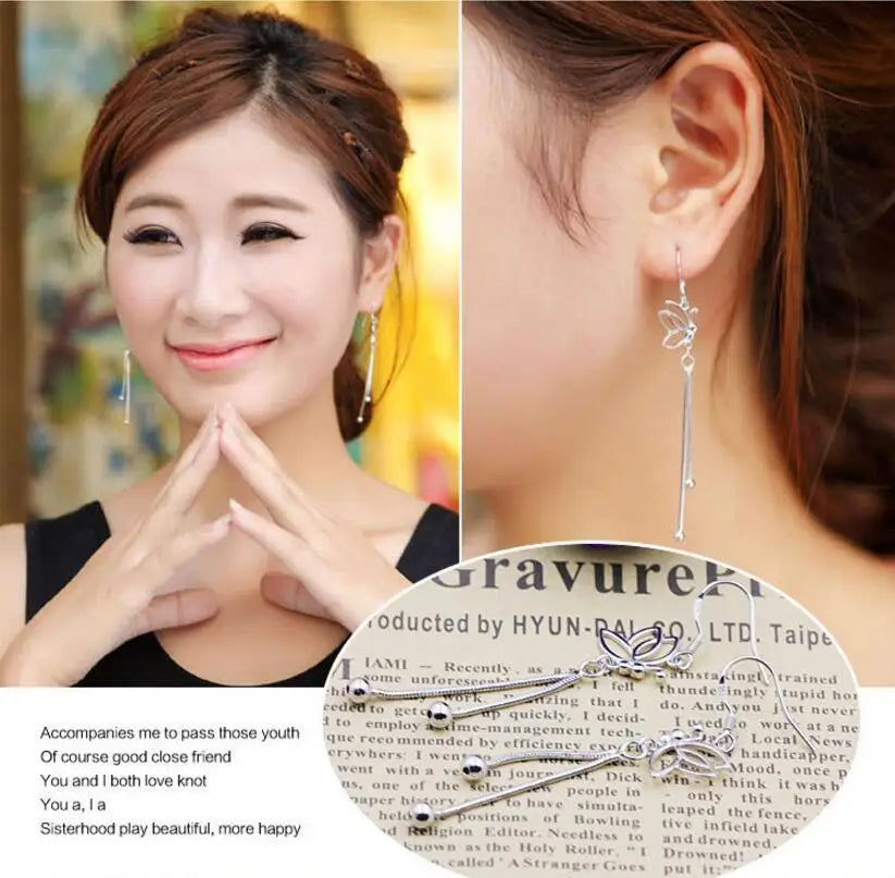 925 Sterling Silver Butterfly Long Tassel Beads Drop Earrings For Women Boucle d'oreille oorbellen S-E65