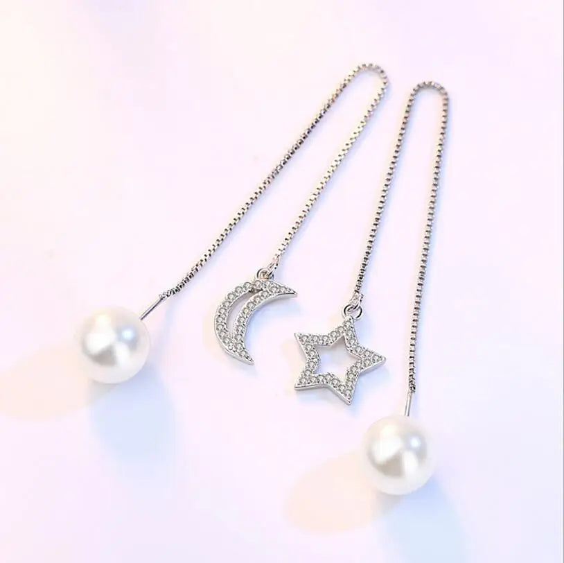 Newest 925 stamp silver color Tassels Earrings Crystal Zirconia Moon Star Pearl Long Drop Earrings  pendientes S-E253