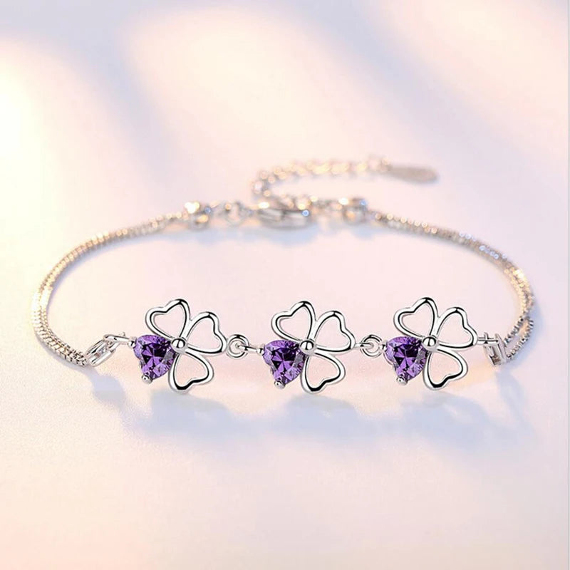 REAL 925 Sterling Silver Lucky Four Leaf Clover Charm Bracelet Purple Crystal Link Chain Bracelet for Women Original Jewelry