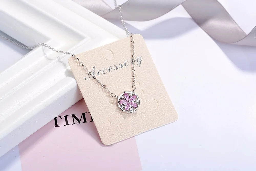 925 Sterling Silver Pink Crystal Cherry Blossom Flower Pendant Necklace For Women Chain Necklce Choker S-n08