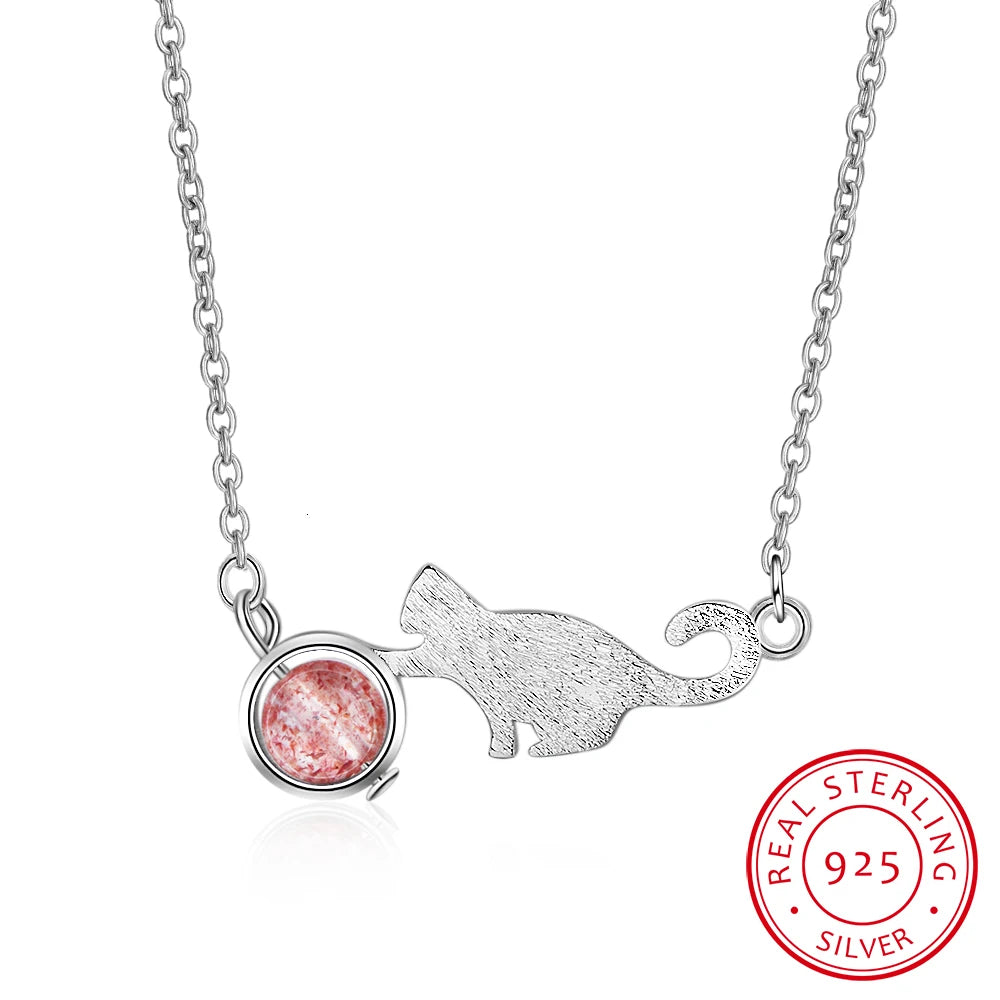 925 Sterling Silver Strawberry Crystal Cat Pet Chains Pendant Necklace For Women Luxury Brand Jewelry Dropshipping Gift