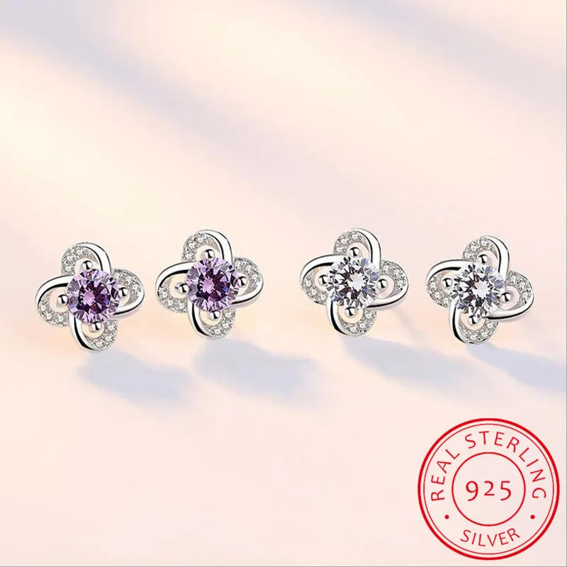 925 Sterling Silver Jewelry Sparkling Zirconia Clover Flower Twist Windmill Forever Stud Earrings For Women S-E207