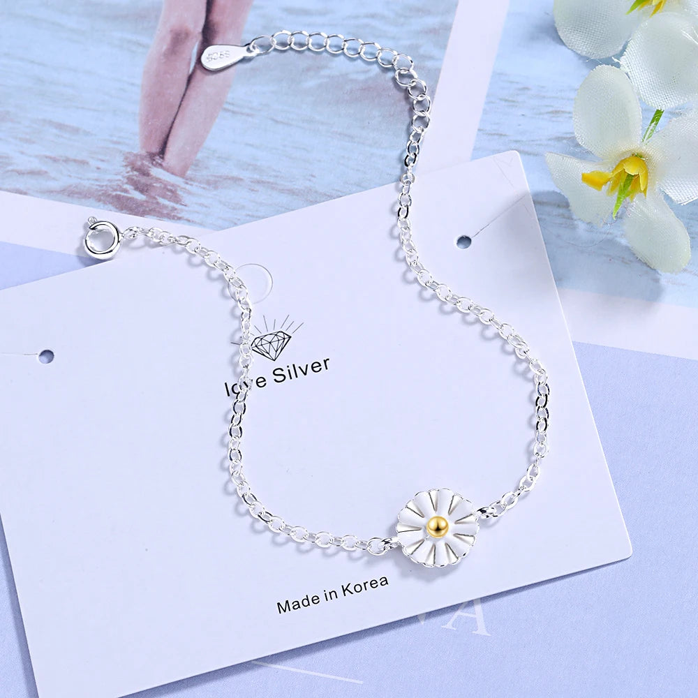 Free Shipping 925 Sterling Silver Bracelet Daisy Flower Bracelet Fine Jewelry Gift For Girl Srebrna bransoletka pulsera de plata