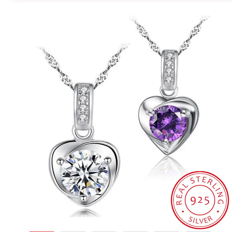 925 Sterling Silver White/Purple Zirconia Heart Shape Pendant Necklace For Women Gift 45cm Link Chain choker collares S-N132