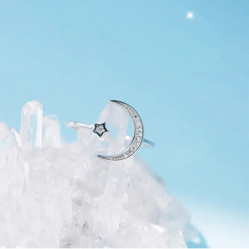 2019 New 925 Sterling Silver Adjustable Women Rings Rhinestone Moon Star Wedding Rings for Women Girls Party Wedding Jewelry