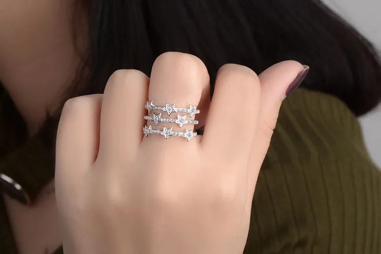 Hot Fashion 925 Sterling Silver Multi-Layer CZ Zirconia Star Rings Adjustable For Women anillos Resizable Rings Bague S-R176