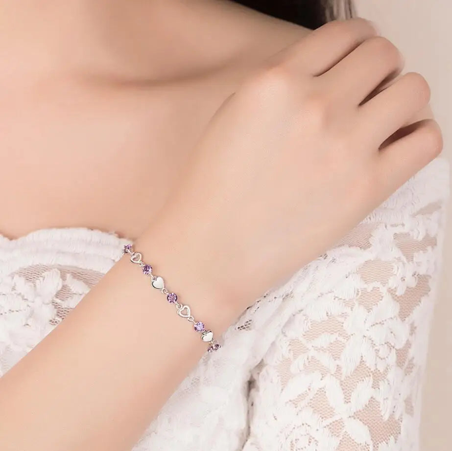 Charm Crystal Purple Female Bracelet Jewelry Fashion Girl 925 Silver Bracelets For Women Bride Wedding Engagement Bijou Gift