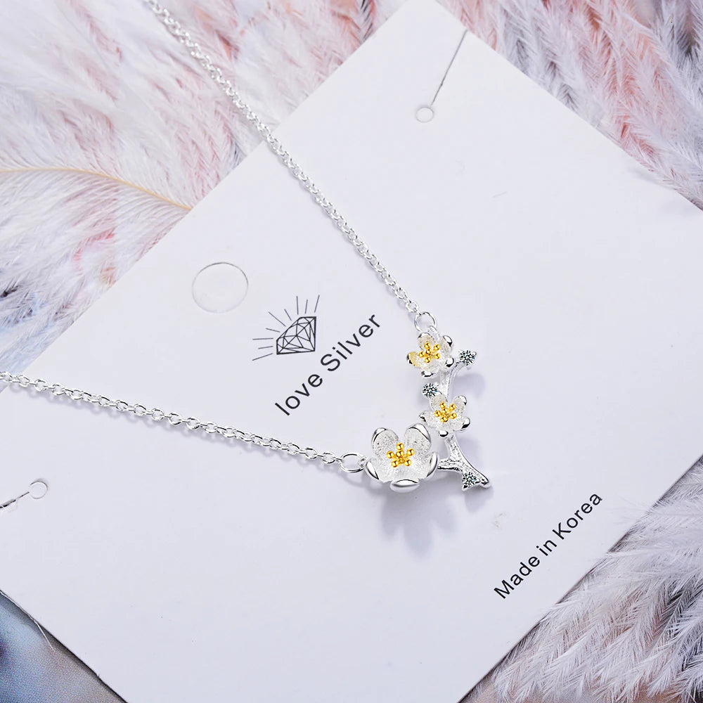 New 2-colors Plum Blossom Flower S925 Pendant Necklace 925-sterling-silver Fine Jewelry For Women Wedding Lmny008