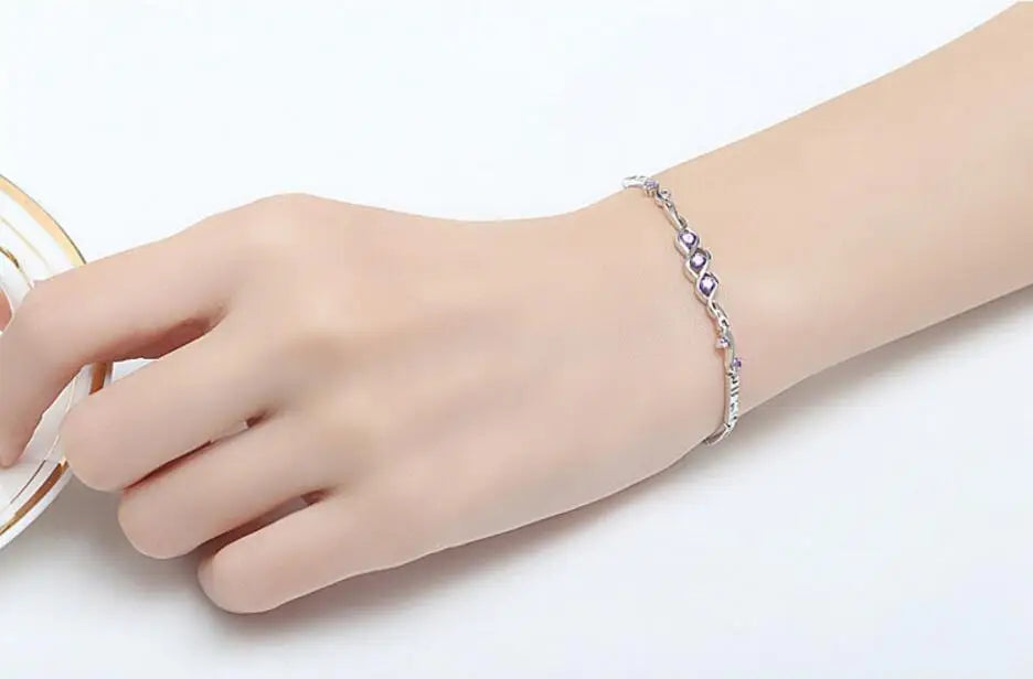 Luxury Angel Heart Bracelet 925 Sterling Silver Fine Wedding Jewelry Purple Clear Crystal Zirconia Bracelets pulseras