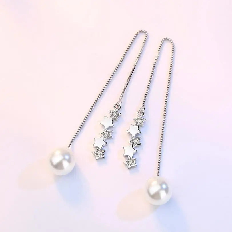 925 Sterling Silver Earrings 5 pcs Star Zirconia Simulated Pearl Long Tassel Earrings Ear Line pendientes brincos S-E270