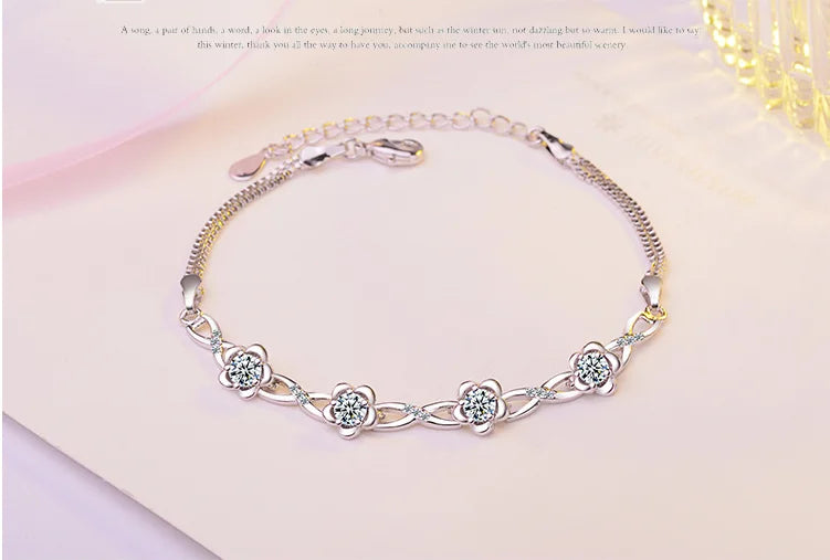 925 Sterling Silver Bracelets Luxury Clear White Zirconia Plum Blossom Flower Bracelets & Bangles For Women pulseira es prata