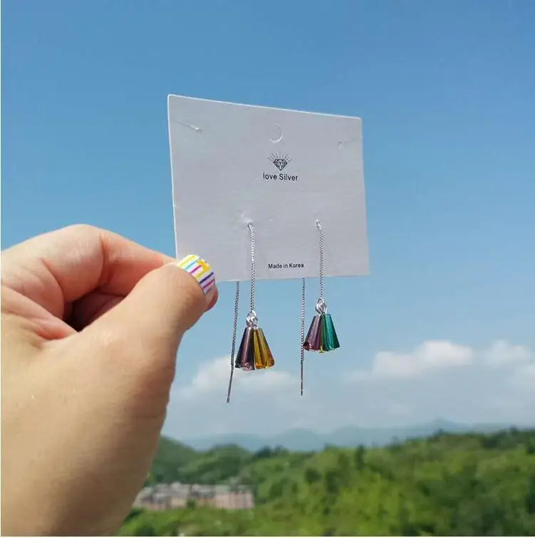 925 stamp silver color Fan-shaped Earrings Colorful Crystal Rainbow Tassel Earrings Ear Chain For Women Oorbellen