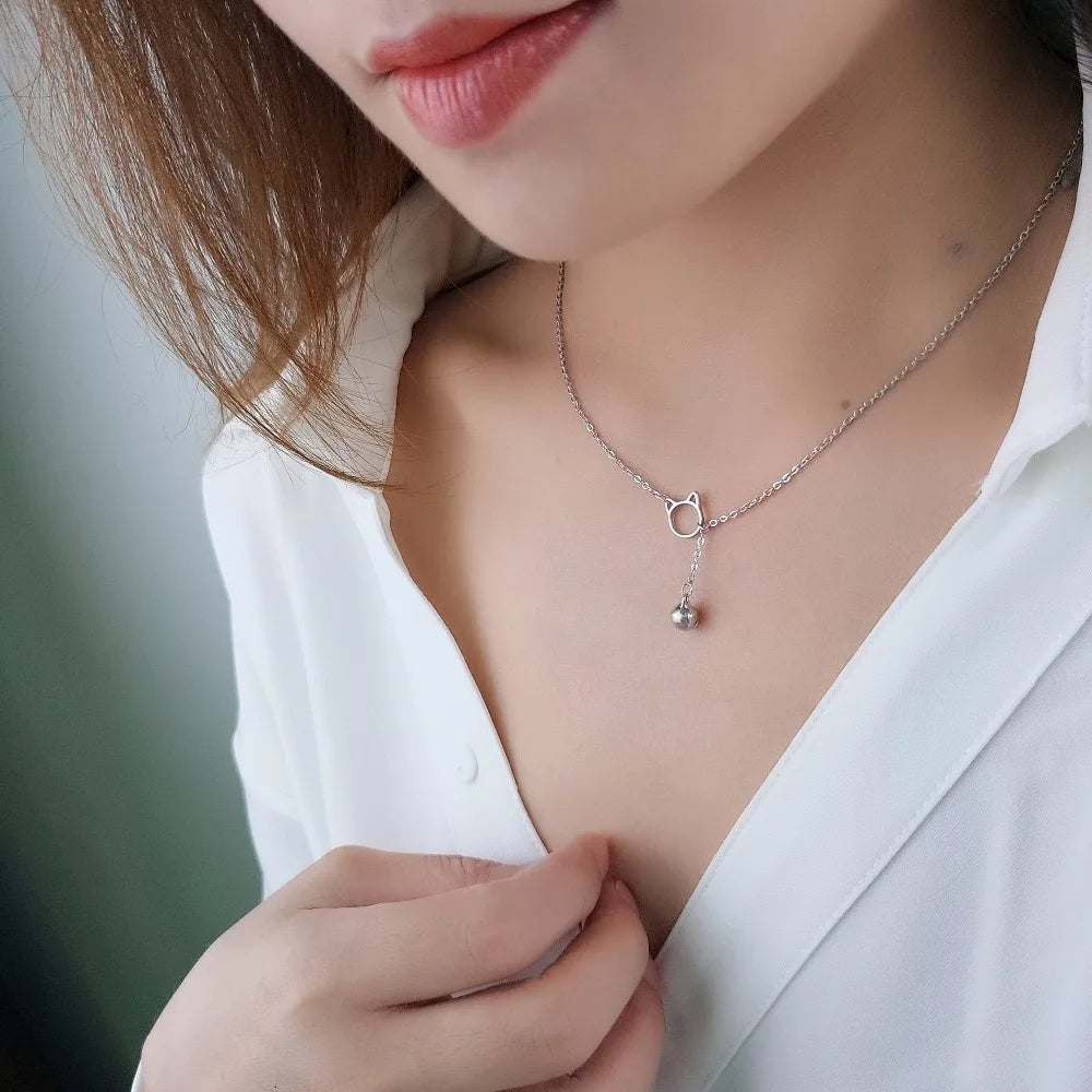 Korea Cute Cat Ears Bells Pendant Sweet Fresh Creative 925 Sterling Silver Clavicle Chain Female Necklace Colar Collier