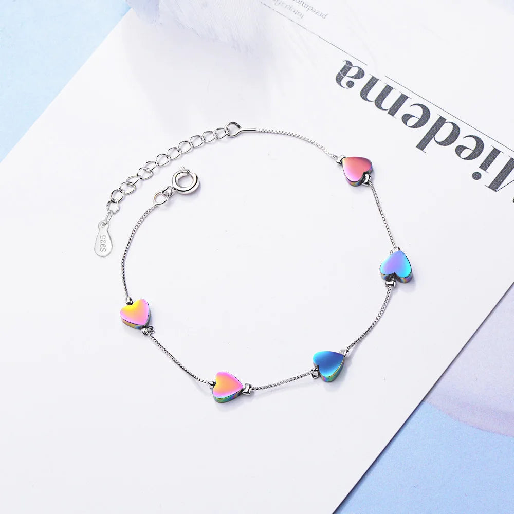 Charm Lovely Colored Heart Sterling Silver Bracelets For Women Korean Fashion Trendy Jewelry