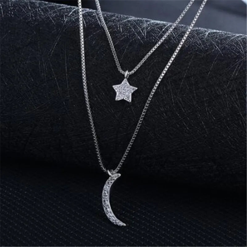 Double-layer Zirconia Moon Star 925 Sterling Silver Necklaces For Women Short Chain Choker De Prata Gift S-n389