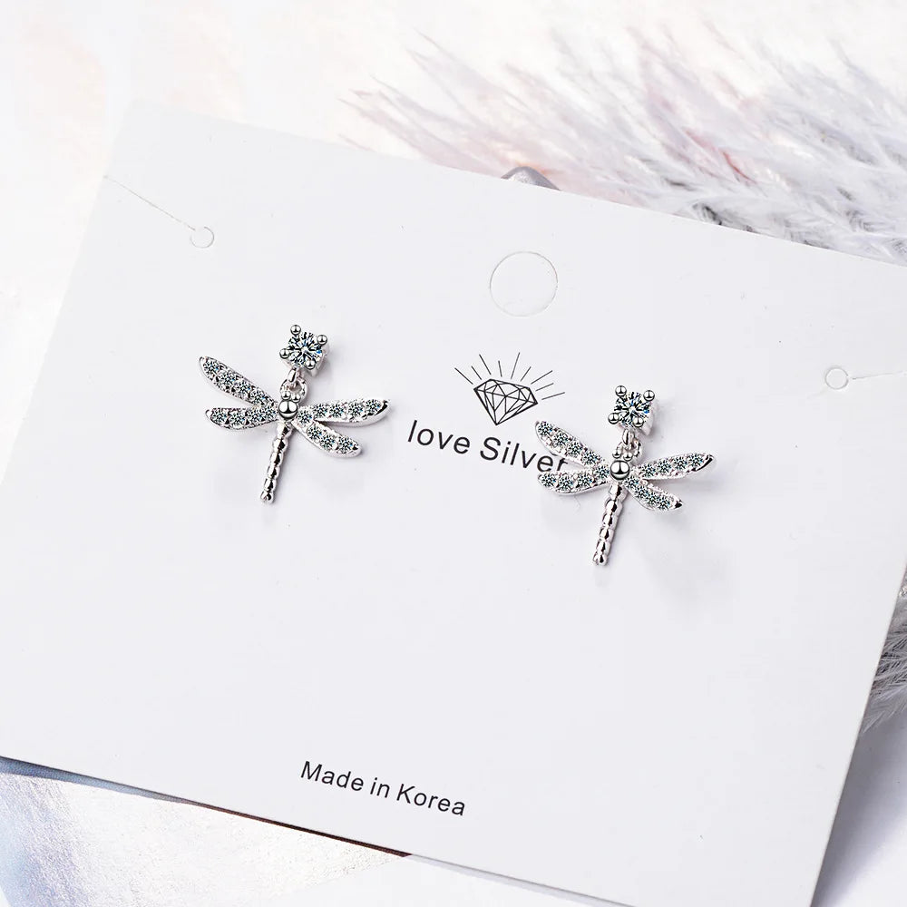 Simple Lovely 925 silver needle Mosaic Zirconia Dragonfly Earrings For Women brincos oorbellen S-E807