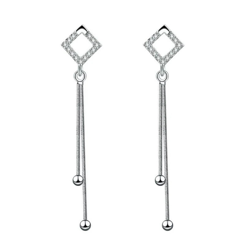 Simple Fashion 925 stamp silver color brincos Hollow Crystal Square Long Tassel Drop Earrings For Women S-E224