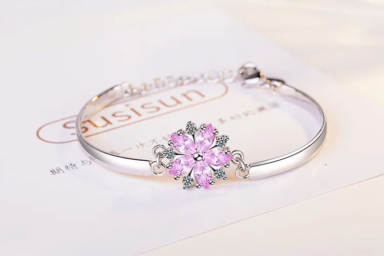 925 Sterling Silver Pink Crystal Zirconia Cherry Blossom Flower Bracelets & Bangles For Women pulseira S-B45