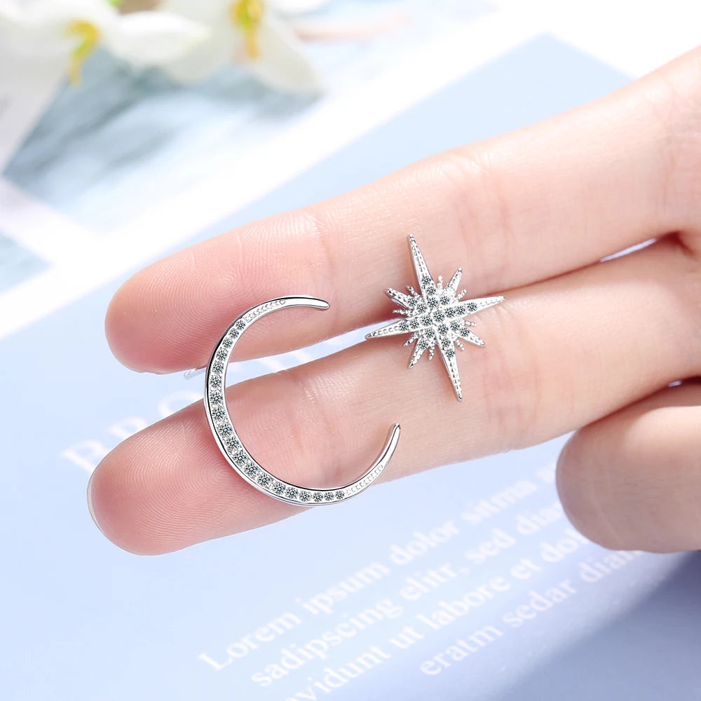 925 Sterling Silver Fashion Charm Earrings Asymmetric Stars Moon Earrings Women Earrings Wedding Banquet Gift For Girlfriend