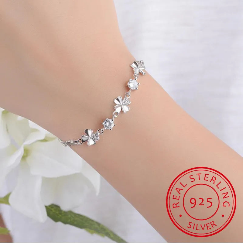 New Fashion 925 Sterling Silver Women Bracelets Jewelry Top Quality Crystal Clover Female Anklets For Girl Party Bijoux