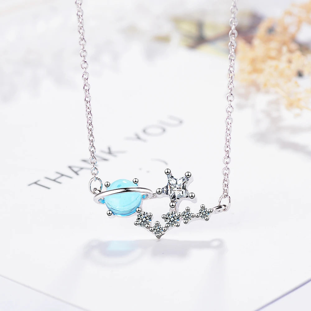 hot new 925 sterling silver small fresh blue fantasy planet necklace universe aurora planet fashion trend sweet ED198