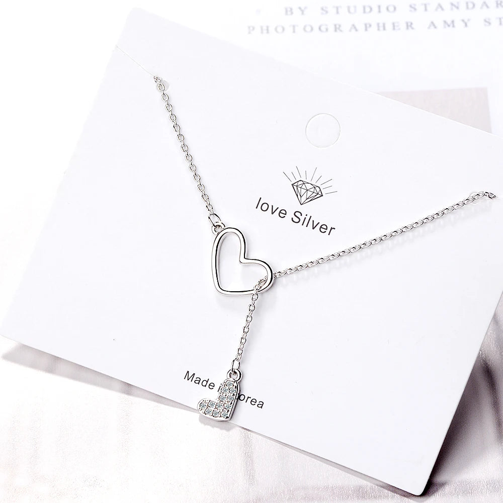 Zirconia Double Love Heart Adjustable Short Sweater Chain Necklace For Women 925 Sterling Silver Necklace S-n323