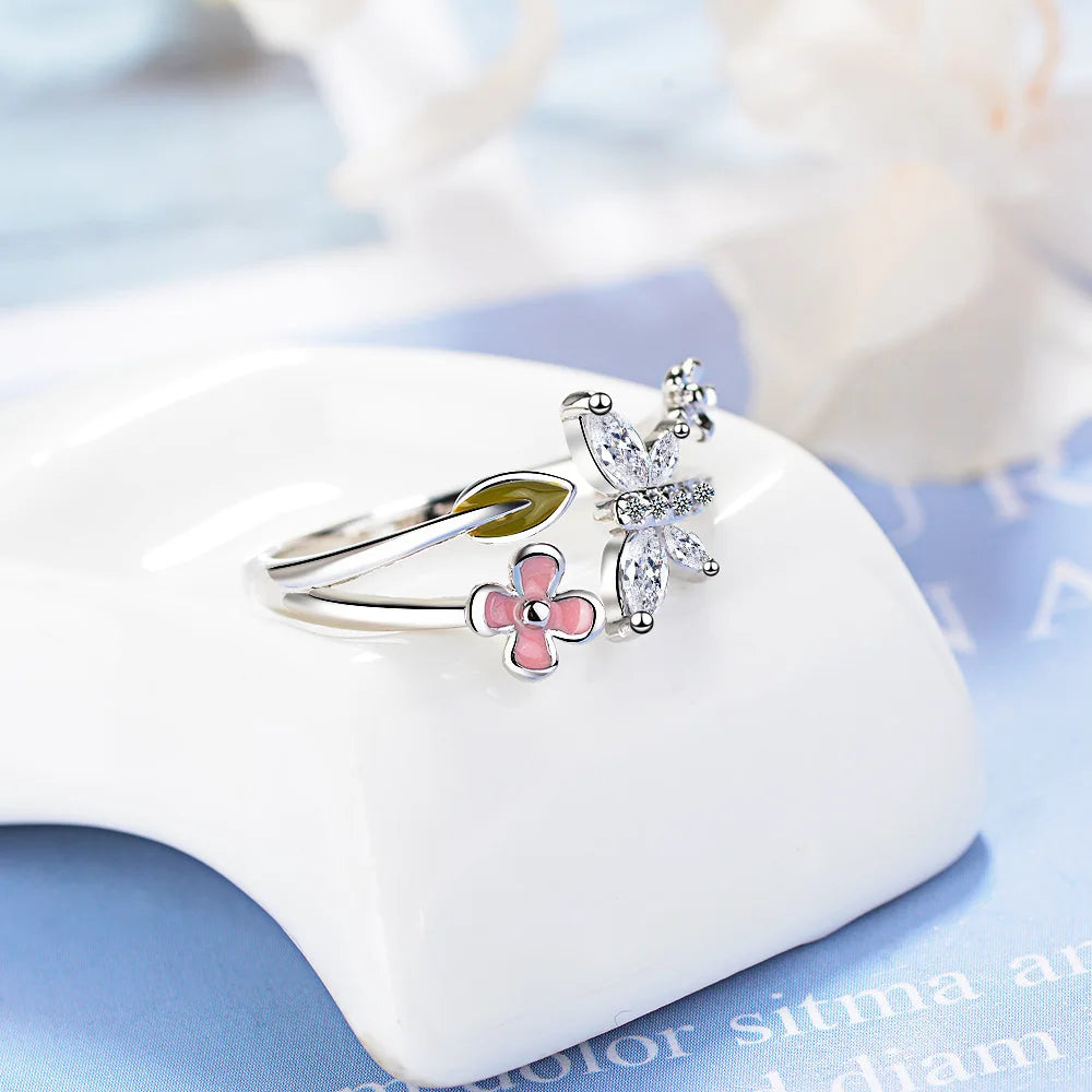LEKANI New Trendy 100% 925 Sterling Silver Love of Butterfly Pink Flower Open Rings for Women Wedding Silver Fine Jewelry