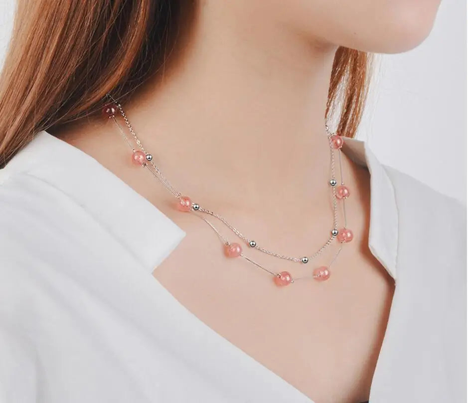 100% Real 925 Sterling Silver Fine Jewelry Pink Strawberry Crystal Bead Chain Necklaces For Women Statement Necklace Choker