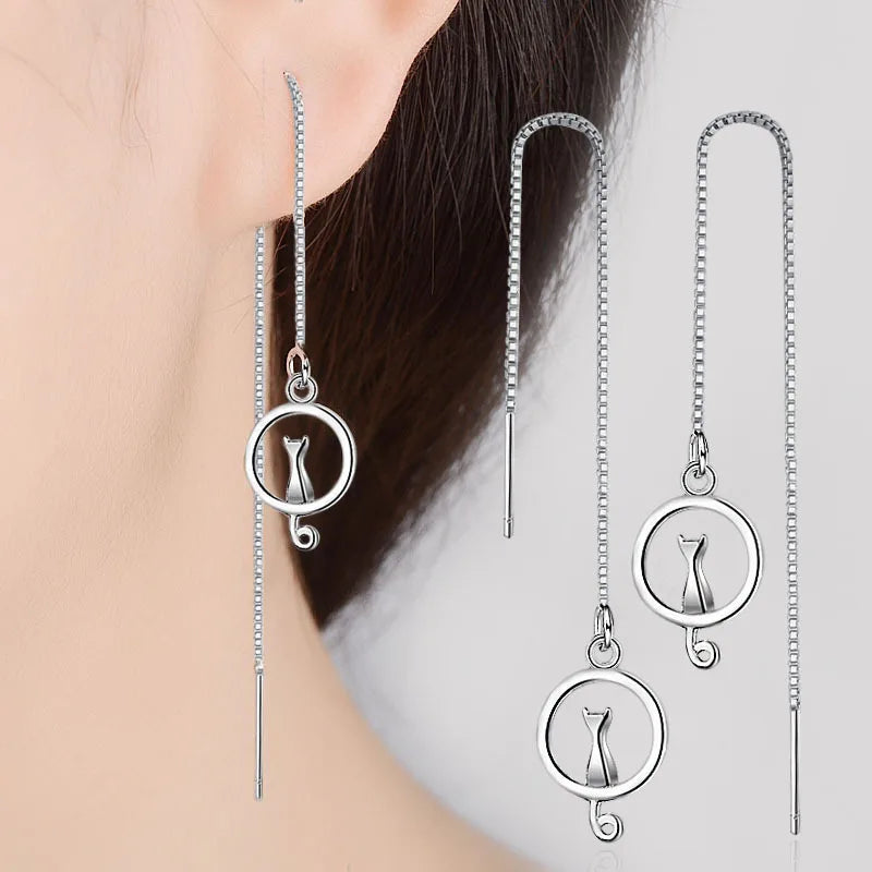 925 Sterling Silver Earrings Moon Cat Long Tassel Earrings For Women oorbellen brincos pendientes Fine Jewelry S-E391