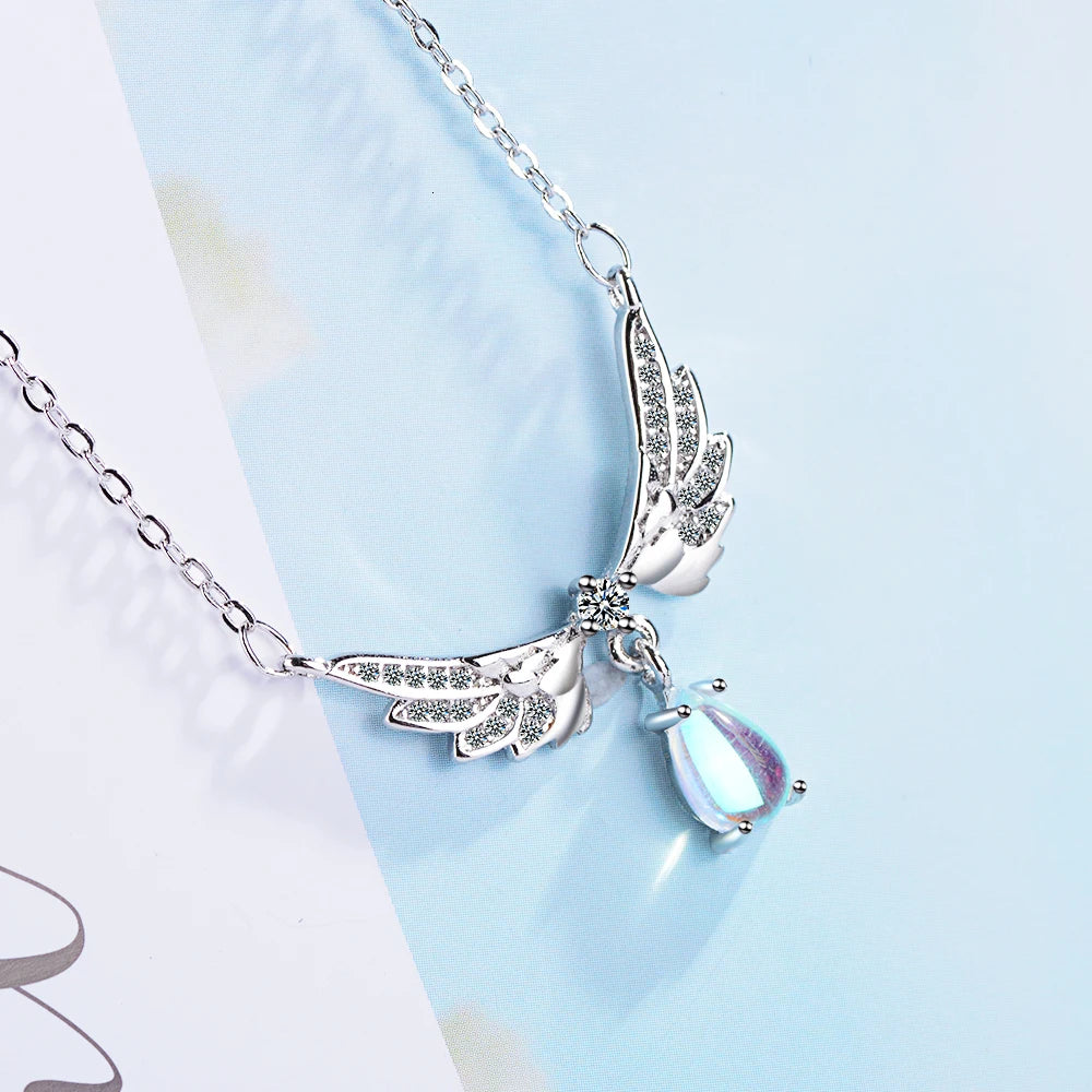 Fashion Exquisite Temperament 925 Sterling Silver Jewelry Moonstone Crystal Angel Wings Clavicle Chain Pendant Necklaces