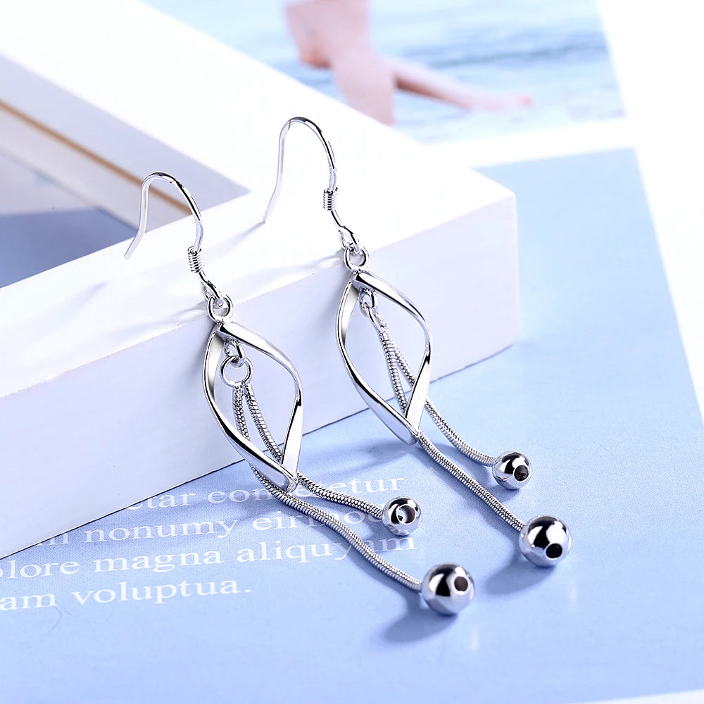 925 stamp silver color Twisted Drop Earrings For Women Beads Long Tassel Earrings oorbellen brincos pendientes