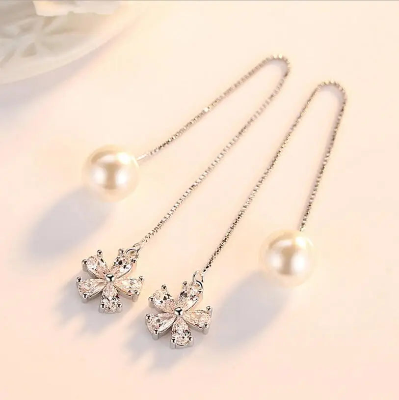 Simple Luxury 925 stamp silver color Earrings For Women Zirconia Ice Flower Pendant Pearl Long Tassel Earrings S-E531