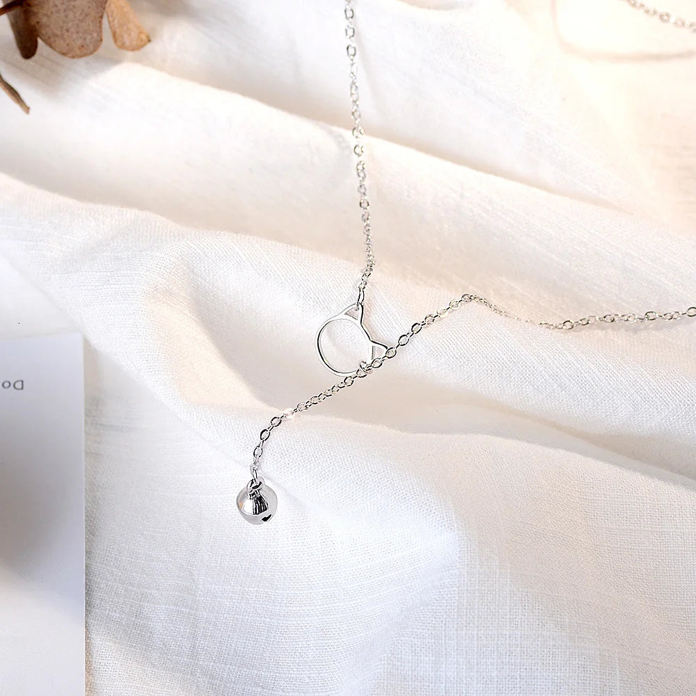 Korea Cute Cat Ears Bells Pendant Sweet Fresh Creative 925 Sterling Silver Clavicle Chain Female Necklace Colar Collier