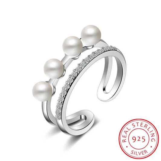 Female Double Pearl Ring for Dating Simple Temperament Combination Suit Silver 925 Jewelry 2 colors Wholesale Gift