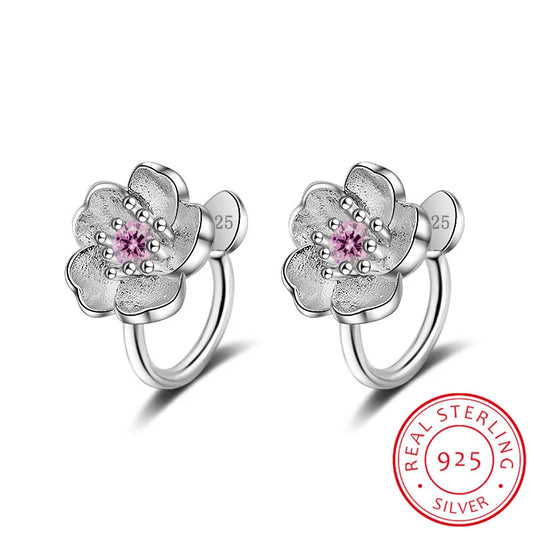 925 Sterling Silver Romantic Cherry Blossoms Flowers Stud Earrings For Women Authentic Fine Brand Jewelry Gift