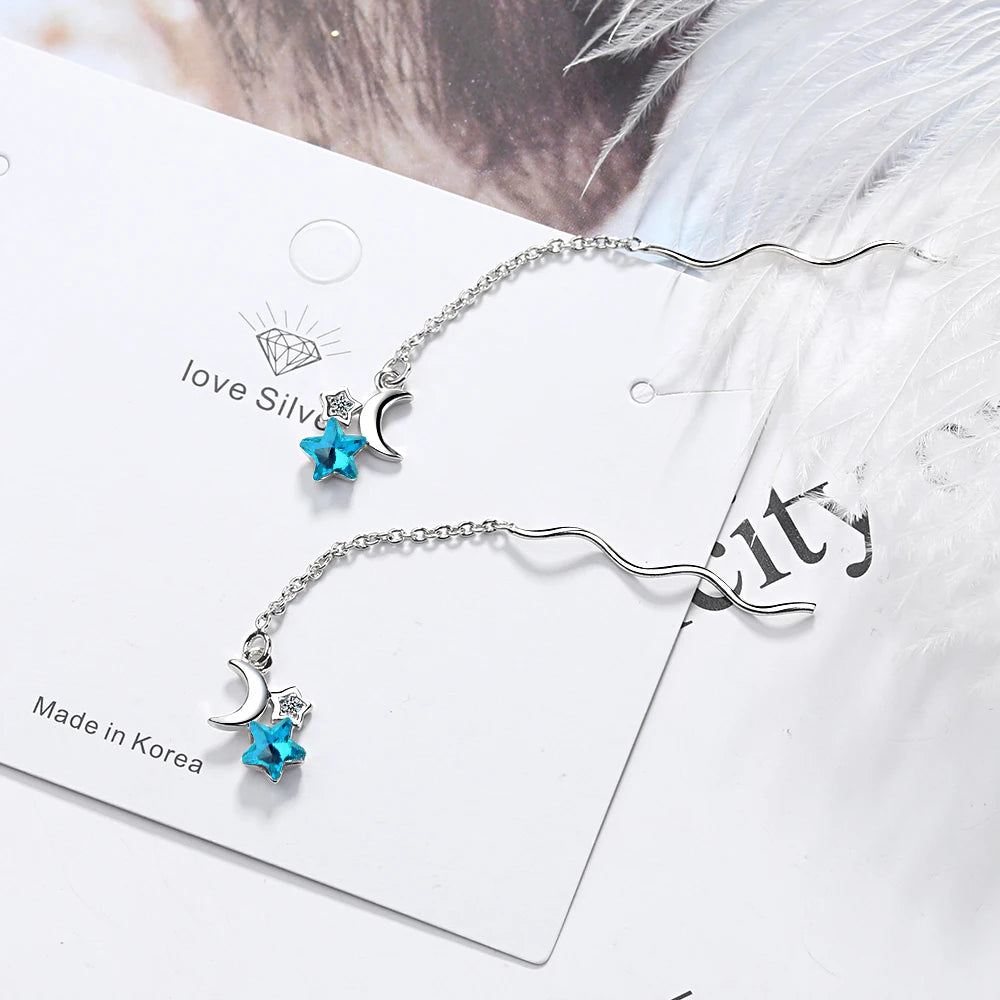 Real 925 stamp silver color Blue Zirconia Star Moon Short Tassel Dangle Drop Earrings For Elegant Women Fine Jewelry Gift