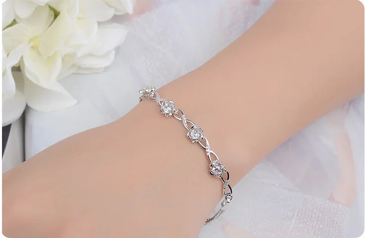 925 Sterling Silver Bracelets Luxury Clear White Zirconia Plum Blossom Flower Bracelets & Bangles For Women pulseira es prata