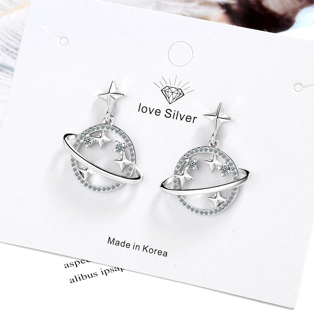 100% 925 silver needle Earrings Jewelry Women Fashion CZ Planet Stars Stud Earrings Gift For Girls Teens Lady DS1496