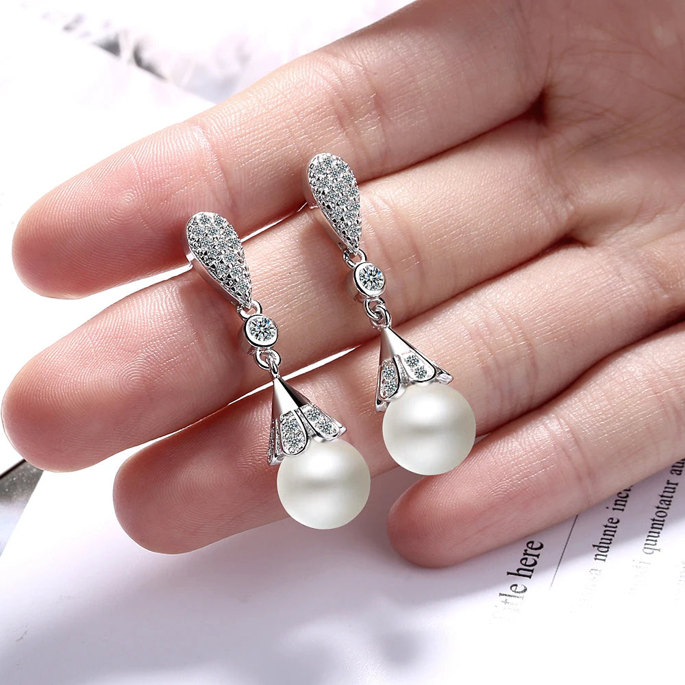 925 sterling silver Pearl Jewelry natural freshwater pearl drop earrings for women Silver Wedding Dangle Earring