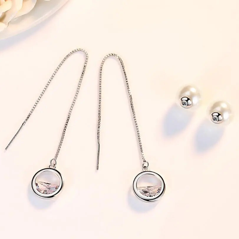 Newest Pendants 925 stamp silver color Dazzling CZ Zirconia Pearl Long Tassel Ear Line Drop Earrings For Women Earrings