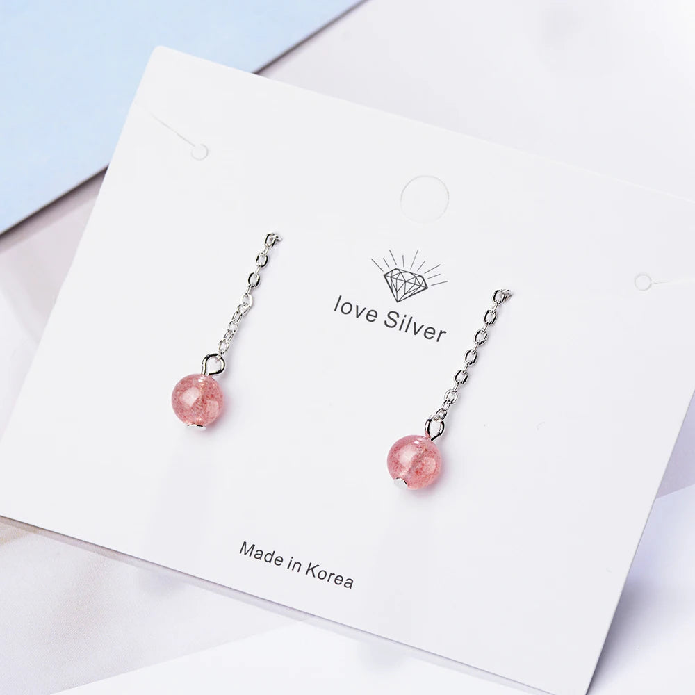 100% 925 Solid Real Sterling Silver Jewelry Strawberry Crystal Silver Beads Drop Earrings For Girl Kid Lady