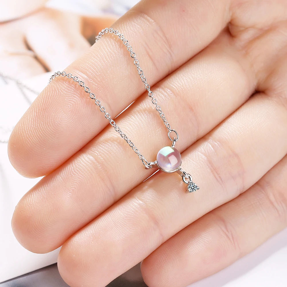 Charm Moonstone Pendant Necklace For Women Girl Fashion 925 Sterling Silver Cz Zircon Necklaces Jewelry Drop Shipping