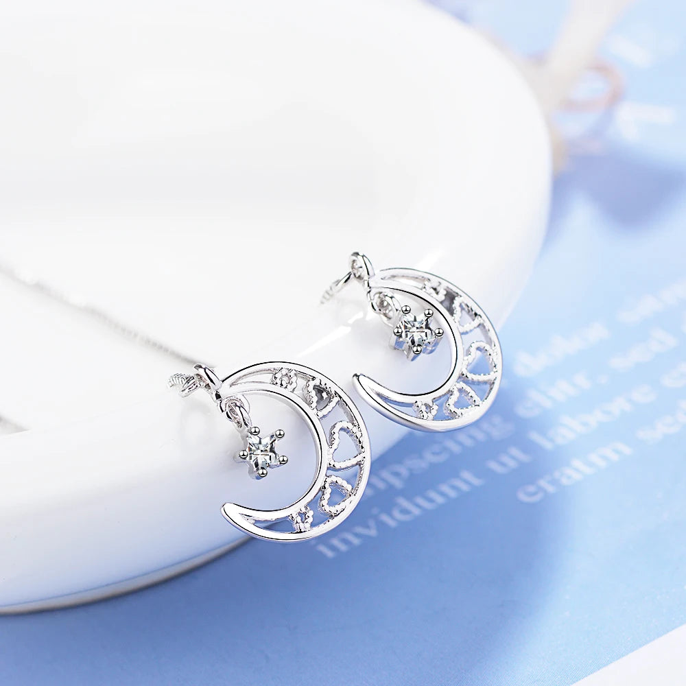 925 stamp silver color Long Zirconia Star And Moon Earrings For Women Girls Christmas Gift Hot Fashion Sterling-silver-jewelry