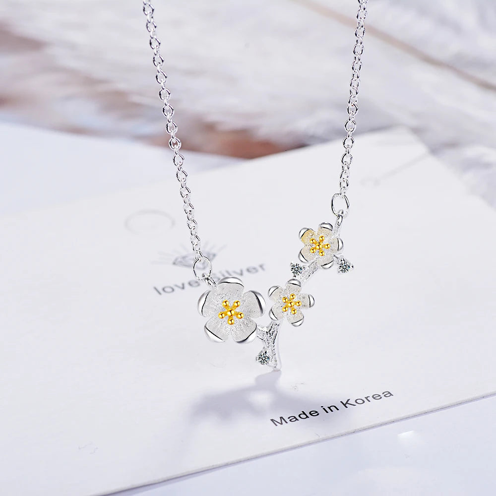 New 2-colors Plum Blossom Flower S925 Pendant Necklace 925-sterling-silver Fine Jewelry For Women Wedding Lmny008