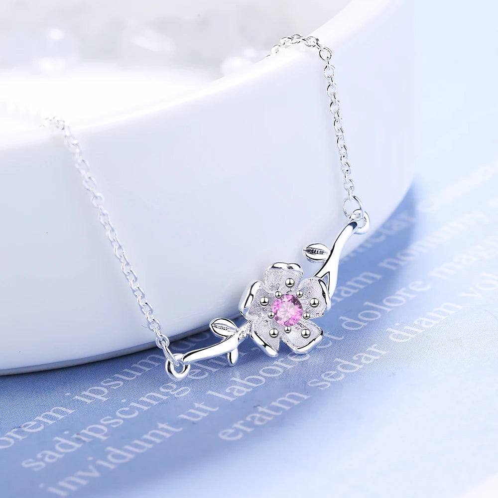 New Fashion 925 Sterling Silver Pink Zirconia Blossom Cherry Flower Branch Pendant Necklace For Women Choker